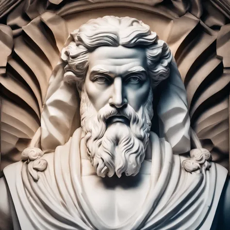 Bust of the wise man in white marble statue，In the style of a bearded Greek philosopher in a museum. dark ambiance, High contrast between light and shadow, professional photoshooting, Utrelia Lista, Light volume, cinematic ligh