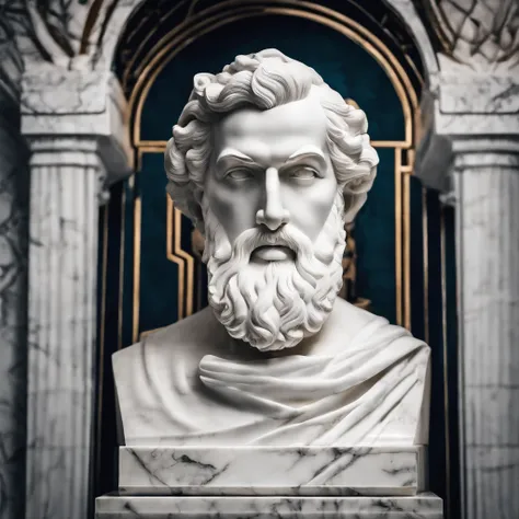 Bust of the wise man in white marble statue，In the style of a bearded Greek philosopher in a museum. dark ambiance, High contrast between light and shadow, professional photoshooting, Utrelia Lista, Light volume, cinematic ligh