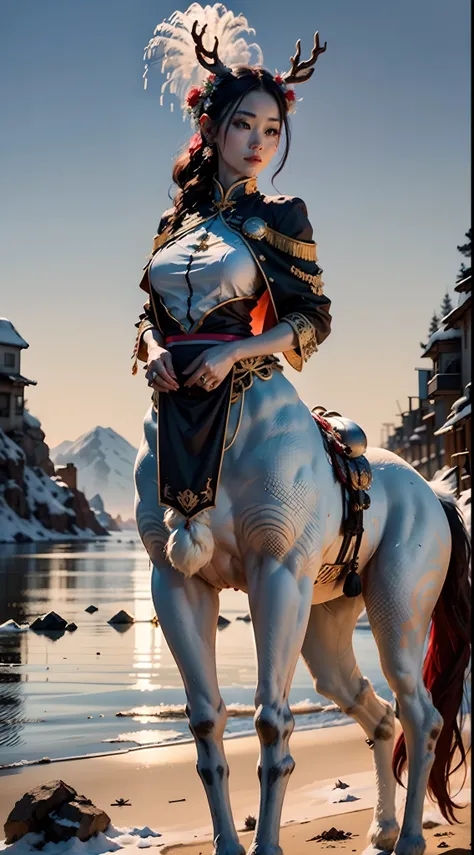 In a very grand scene,The extra-large wide-angle lens captures the appearance of a female centaur。She is tall,It has the ultimate curvy beauty,The muscles are slender and firm,Beautiful lines。Her facial features are tough and coquettish,The top of the head...