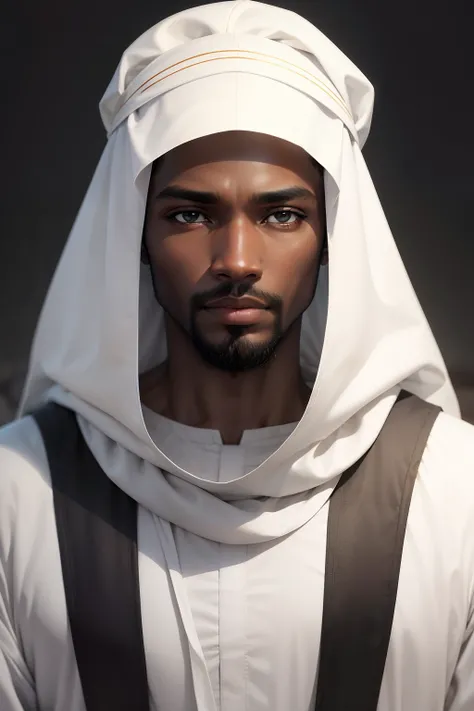 Jesus homem, African traits black skin, com semblante de paz, sereno,  white fabric on the head, roupa humilde, As in the time of Christ