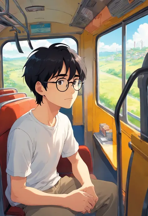 man with black hair, wearing eyeglasses, wearing white t-shirt, sitting in the bus