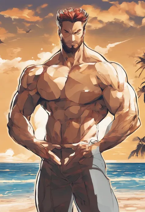 Wolverine standing in front of the beach villa，and hold your head in your hands，Panties show off the figure ，aged 40，Asian male，Nasolabial folds，The whole body is wet with water，red brown hair，Reddish-brown beard，large pecs，Brownish-yellow skin，There is wh...