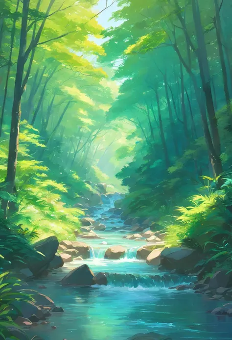 Close-up of a stream flowing through a lush green forest, ross tran. scenery background, ryan dyar, environment painting, Beautiful oil matte painting, photorealistic landscapes, 4k hd matte digital painting, 8 k resolution digital painting, 8k resolution ...