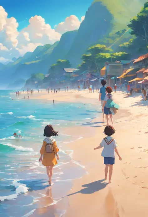 Children playing on the beach, ross tran. scenery background, ryan dyar, environment painting, Beautiful oil matte painting, photorealistic landscapes, 4k hd matte digital painting, 8 k resolution digital painting, 8k resolution digital painting, hyperreal...