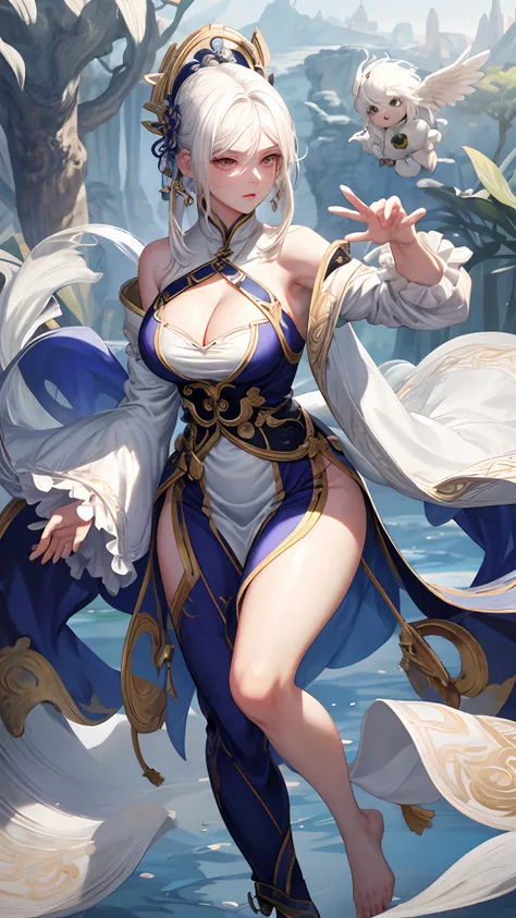 close-up of a woman with white hair and white mask，Belle peinture de personnage，Full body like，Exposed cleavage，Bare thighs，Guviz，Guviz-style artwork，short detailed hair，gentleness，Epic and beautiful character art，Stunning character art，FAN Qi，Wu Zhun Shif...