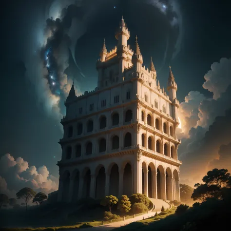 (master part),(melhor qualidade:1.0), (Ultra High Definition:1.0), Detailed illustration, noite, lua cheia, floresta, detailed sky, (Castelo Gigante Misterioso), imagem de profundidade