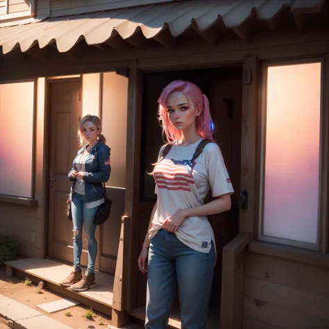 An American woman is dressed in American designed clothes standing on a porch of a house, with the sunrise in the distant glowing, with iridescent light, highly detailed images, vibrant beautiful colours, highly detailed facial features, highly detailed li...