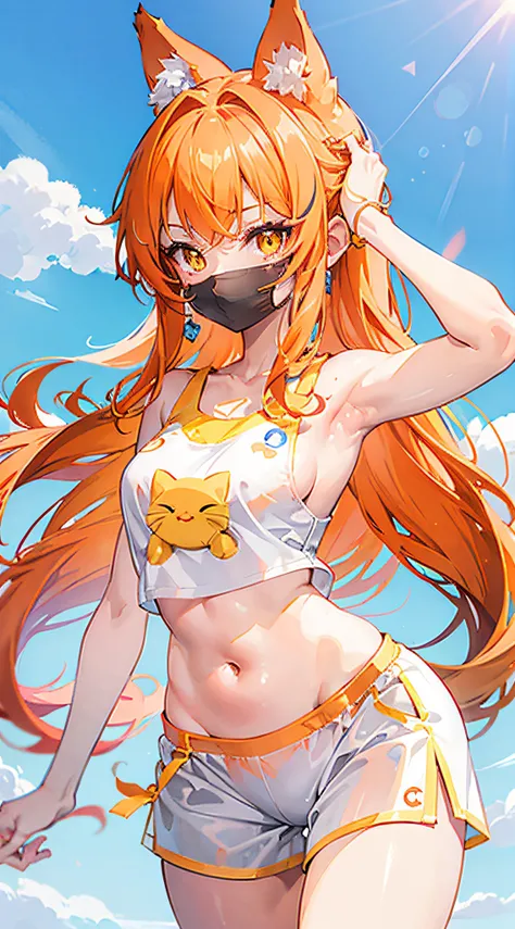 Una chica de anime, orejas de gato peludo naranja, pelo naranja peludo largo suave, linda cara sonriente, yellow eyes, blue sleeveless shirt, brazos al desnudo, white shorts, piernas al desnudo, white sneakers, mole left side of mouth, red ribbon on the le...