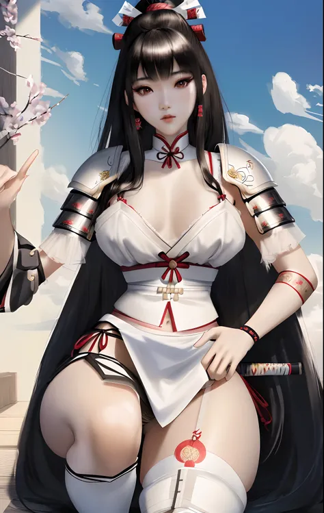 samurai girl, oriental, korean, dark black hair,, Straight Hair, k pop idol, Detailed,, 1 girl, beautiful, 8ｋ, artwork, Hyper realistic, wallpapers, Mini skirt,, samurai armor, sitting, open legs, Pantie、, panties appearing, WHITE panties, Up skirt, camelt...