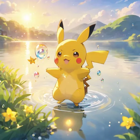 Ultra HD 3D graphics，Showcasing the touching scene of Pikachu making a wish by a tranquil lake. Pikachu, Beautiful rendering details, See gently blowing bubbles into the air, Everyone has hopeful wishes. Bubbles capture the reflection of the setting sun, C...