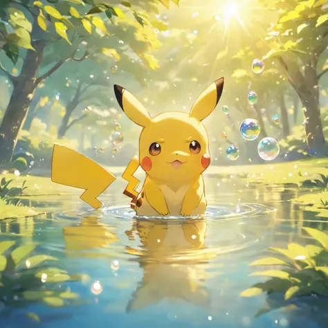 Ultra HD 3D graphics，Showcasing the touching scene of Pikachu making a wish by a tranquil lake. Pikachu, Beautiful rendering details, See gently blowing bubbles into the air, Everyone has hopeful wishes. Bubbles capture the reflection of the setting sun, C...