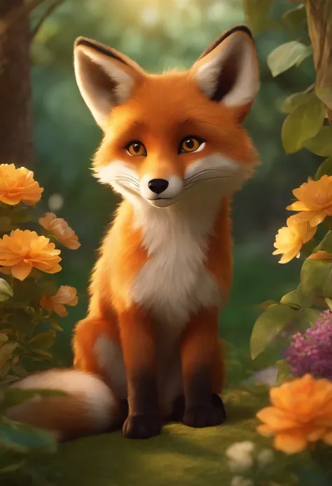 (a boy with a fox face, detailed ears and fur, beautiful amber eyes, mischievous smile, wearing nothing, standing in a lush garden, surrounded by blooming flowers and tall trees, sunlight filtering through the leaves and casting a warm glow, vibrant and vi...