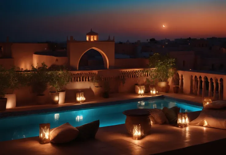 hyper realistic photo, ultra detailed photograph of a beautiful Moroccan rooftop, Amazigh pillows, photorealistic, riad rooftop, Marrakech view, stunning moon in the sky, iridescent, hyperrealism, moroccan lamps, sexy, Ultra photoreal, Intricate details, U...