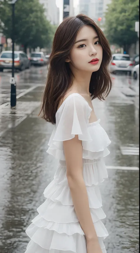 ((Best Quality, 8k, Masterpiece: 1.3)), Focus: 1.2, Perfect Body Beauty: 1.4, Buttocks: 1.2, ((Layered Haircut, Flat Chest: 1.2)), (Rain, Street:1.3), Bandeau Dress: 1.1, Highly Detailed Face and Skin Texture, Fine Eyes, Double Eyelids, Whitened Skin, Long...