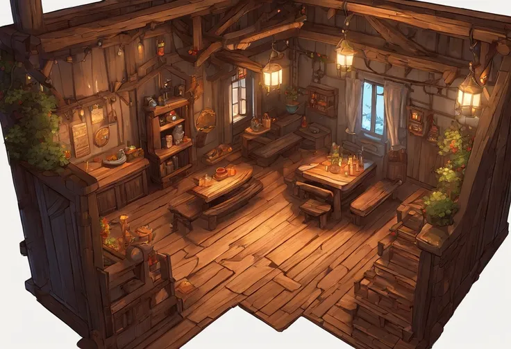 absurderes, Best Quality, Fantasy, Isometric, Knoling style (Inside a miniature wooden pub:1.2), wood, a chair,A table,Dual,Tavern,stairs,A table, (Simple background:1.2)Multi-dimensional and cozy tavern, Highly Detailed Concept Art, Fantasy tavern setting...