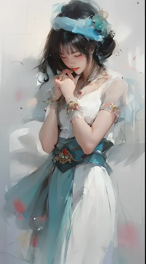 a painting of a woman in a white dress and a blue hat, by Li Song, by Huang Shen, art of wlop, elegant digital painting, beautiful character painting, krenzcushart, by Charles Roka, by Yanjun Cheng, by Shen Zhou, by Zhang Lu, by Yang J, by Raymond Han, by ...