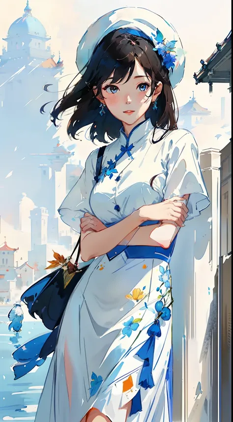 a painting of a woman in a white dress and a blue hat, by Li Song, by Huang Shen, art of wlop, elegant digital painting, beautiful character painting, krenzcushart, by Charles Roka, by Yanjun Cheng, by Shen Zhou, by Zhang Lu, by Yang J, by Raymond Han, by ...