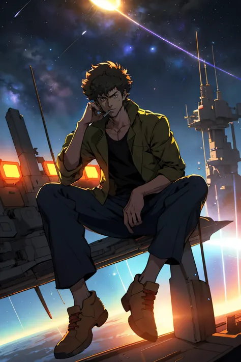 Draw Spike Spiegel, sitting on a research platform in the middle of a gundam battlefield. Hes smoking a cigarette. Dramatic illumination from spaceships and distant planets illuminates the scene. He looks confident and determined, looking at the vast and m...