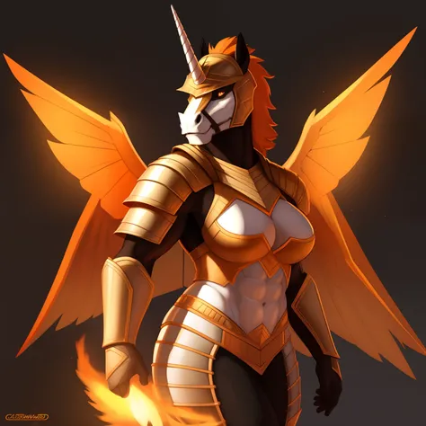 muscular_mature_horse female flaming_orange_mane white_furry_body orange_iris black_sclera slit_pupils solo Masterpiece best_quality absurdres highly_detailed heavy_roman_armor helmet cleanly_drawn_eyes fangs flaming_wings dark_orange_eyeshadow long_white_...