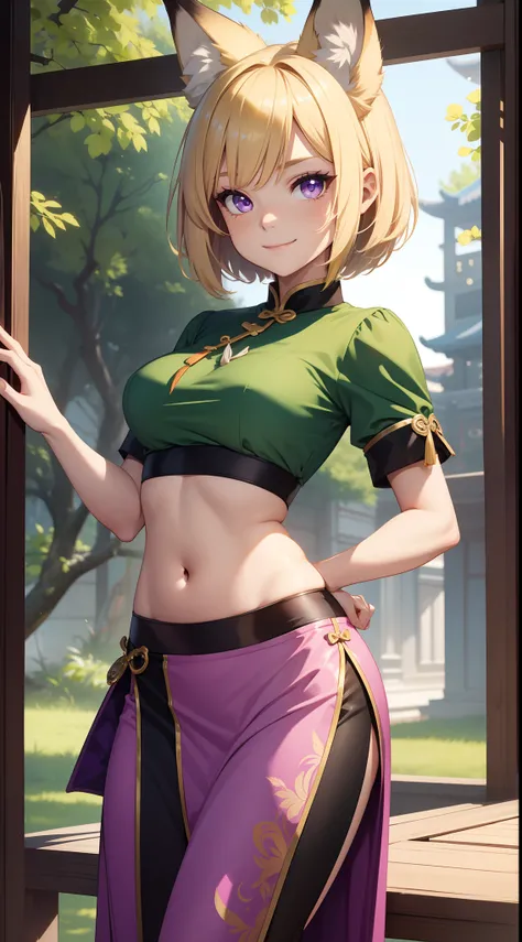 young girl, short blonde hair, Fox ears, violet eyes, long chinese skirt, Green Chinese tight top, open belly, smirk, Masterpiece, hiquality