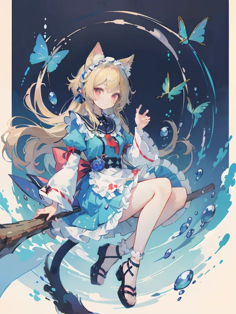 Anime girl in blue dress with stick and cat, anime cat girl in a maid costume, Lori, a blond、The long-haired、Very Beautiful Anime Cat Girl, anime catgirl, Someone, attractive cat girl, inspired by Leiko Ikemura, aya takano color style, in ryuuou no oshigot...