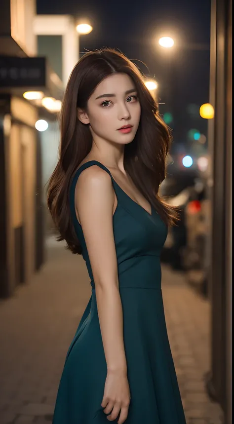 ((Realistic lighting, Best quality, 8K, Masterpiece: 1.3)), Focus: 1.2, 1girl, Perfect Body Beauty: 1.4, Slim Abs: 1.1, ((Dark Brown Hair)), (Aqua Dress: 1.4), (Outdoor, Night: 1.1), City Street, Super Fine Face, Fine Eyes, Double Eyelids,