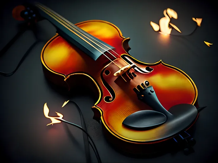 A painterly violin in a background of black flames