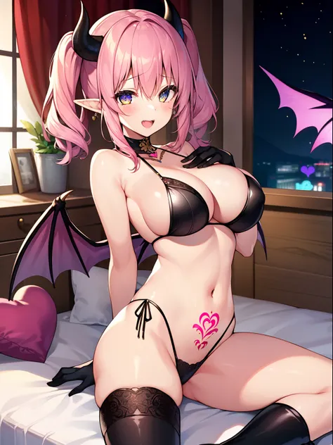 (1girl in:1.2), (Solo:1.2), masutepiece, nffsw、Shaders、Brilliant Textured Work、Ultra-detailed eyes、ultra-intricate pupil in eyes、top-quality、Pink hair、Twin-tailed、succubus、Succubus clothes、Succubus Wings、Succubus horns、Succubus tail、Succubus gloves、Succubu...