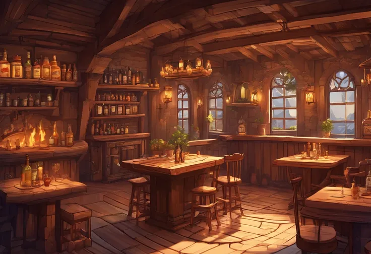 absurderes, Best Quality, Fantasy, Isometric, Knoling style (Inside a miniature wooden pub:1.2), wood, a chair,A table,dual,Tavern,stairs,A table, (Simple background:1.2)Multi-dimensional and cozy tavern, Highly Detailed Concept Art, Fantasy tavern setting...