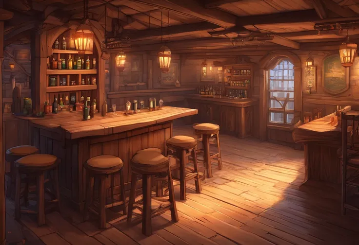 absurderes, Best Quality, Fantasy, Isometric, Knoling style (Inside a miniature wooden pub:1.2), wood, a chair,A table,dual,Tavern,stairs,A table, (Simple background:1.2)Multi-dimensional and cozy tavern, Highly Detailed Concept Art, Fantasy tavern setting...