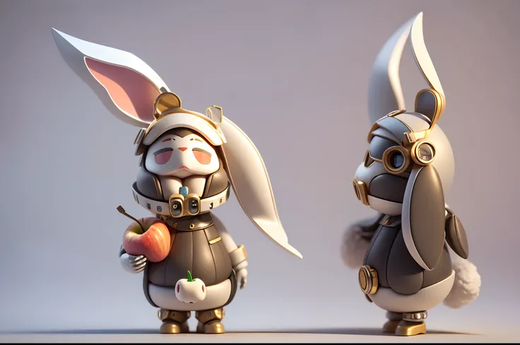 Model of two rabbits wearing apples and goggles, Helmet rabbit, rabbit robot, mecha anthropomorphic penguin, Rabbit_Character_chest_chest, composite_In_scybernetic_Rabbit_hor ears, Cute_scybernetic_Gods, Anthropomorphic_robot_Man [ Fart thing ], Rabbit_war...