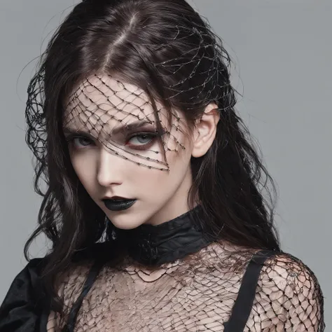 Girl with gothic net symbolic clothes, 。.com (Barbed wire of the body) brunette color hair，Gray hair ends