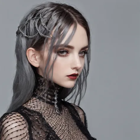 Girl with gothic net symbolic clothes, 。.com (Barbed wire of the body) brunette color hair，Gray hair ends