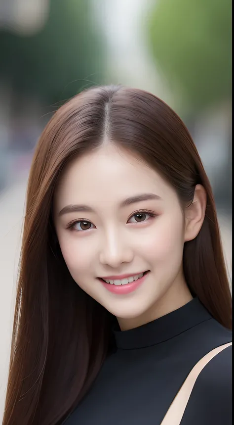 ((Best quality, 8k, Masterpiece :1.3)), 1girl, smiling, full body, slim face, Pretty woman, (Dark brown hair), full length dress :1.1, Ultra-detailed face, Detailed eyes, Double eyelid, blur background, slim face, city, outside, street,