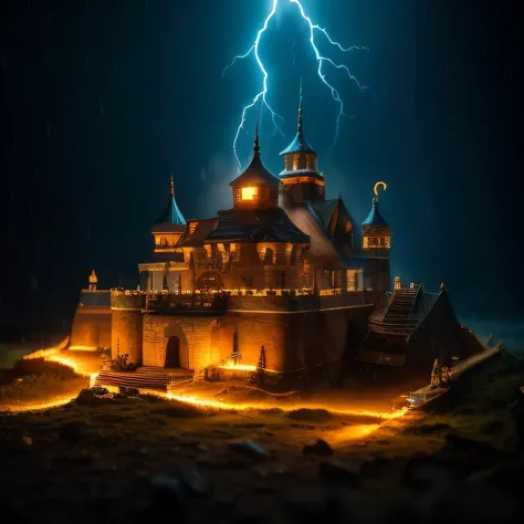 In heavy rain，（（A huge castle complex，Ancient square-topped stones burned in the fire））The picture quality is excellent，Lightning，Yellow light fog，电影灯光，Natural, Realistic colors，Full composition，The style refers to Van Gogh，Subject content，Burning wooden a...