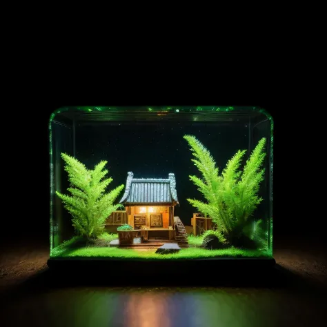 In a rainstorm，Bright yellow-green，Hostel 1：2 miniatures，3D equidistance，There are lights in the room，Dwarf shrub style，Realistic painting，cinematric light，Lunar soil，deep in the night，Magnificent，16K depth of field，8K