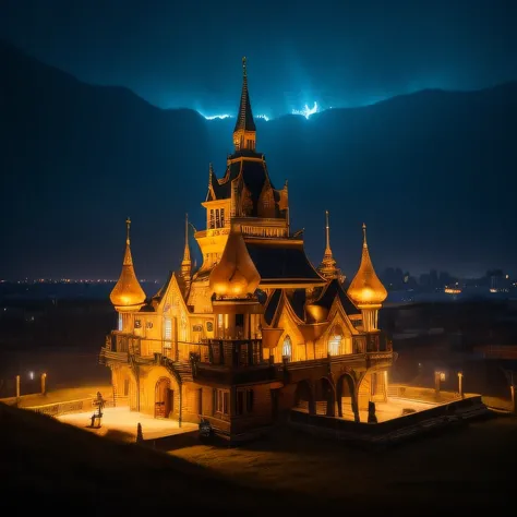 In heavy rain，（（Huge castle complex，Ancient square-topped stones burned in the fire））The picture quality is excellent，Lightning，Yellow light fog，电影灯光，Natural, Realistic colors，Full composition，The style refers to Van Gogh，Subject content，Burning wooden anc...