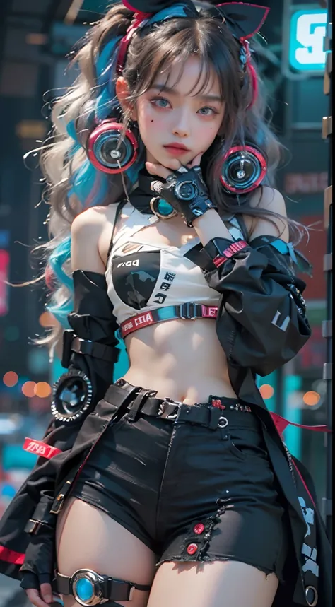 offcial art, Unity 8k wallpaper, Ultra detailed, Beautiful and aesthetic, Beautiful, Masterpiece, Best quality, 8K, Skin texture:1.4, tmasterpiece:1.4,Pose behind beauty，(Cyberpunk style Lolita costume in random colors)，