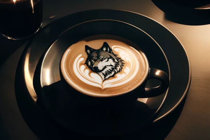 brave and dignified atmosphere of wolf face of latte art, on the dark black metal plate, reflection, dynamic angle, cinematic lighting,