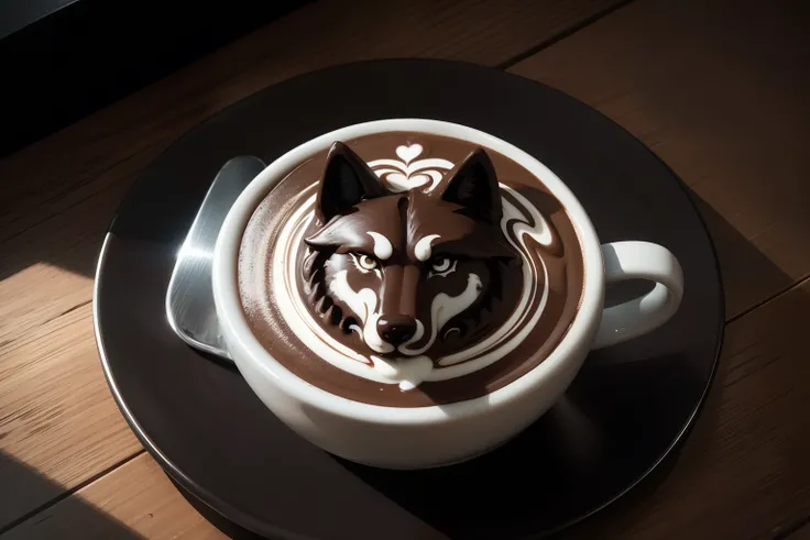 brave and dignified atmosphere of made of chocolate cream wolf face of latte art, on the dark black metal plate, reflection, dynamic angle, cinematic lighting,