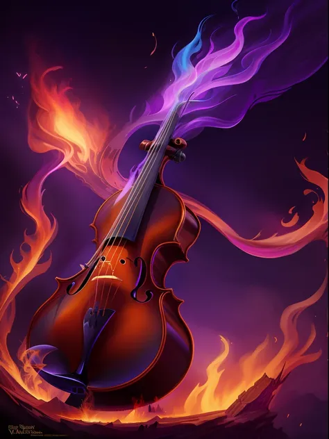 violin with black flames, fantasy violin, (fantasy violin), background artwork, a beautiful artwork illustration, epic digital art illustration, violin, jen bartel, stunning digital illustration, epic fantasy digital art style, purple and black fire, beaut...