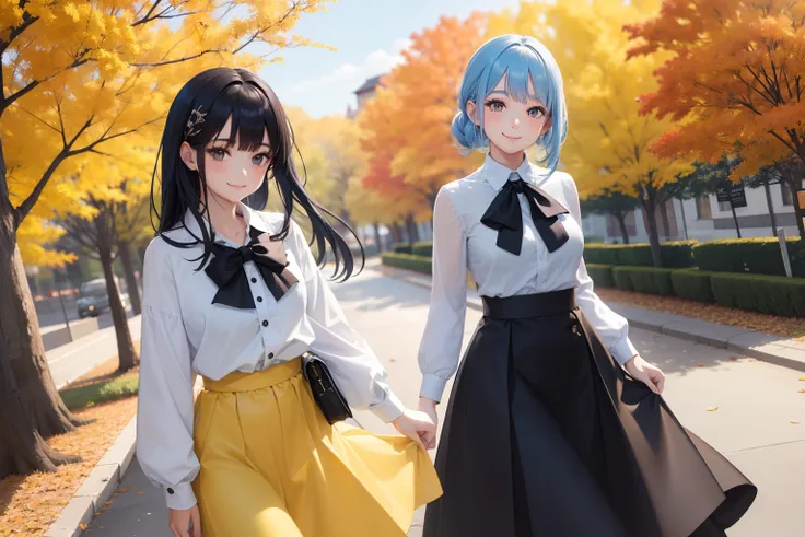 Autumn scenery　Pretty girl　a smile　Black eyes　blue hairs　Long　Autumn sunny　Yellow skirt　White blouses