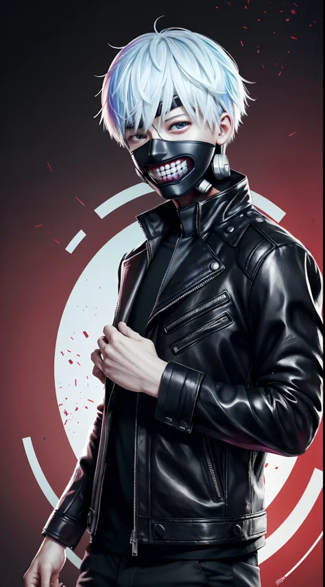 "cool 20 year old kaneki ken is a true masterpiece with masculine beauty, perfect anatomy. Olpntng style, colorful rainbow, wearing a black leather jacket, mask revealing a very menacing smile , clean design, epic Instagram, artstation, full of paint splas...