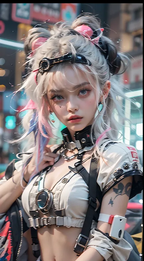 offcial art, Unity 8k wallpaper, Ultra detailed, Beautiful and aesthetic, Beautiful, Masterpiece, Best quality, 8K, Skin texture:1.4, tmasterpiece:1.4,Pose behind beauty，(Cyberpunk style Lolita costume in random colors)，(Focus on your knees)，The face is cl...