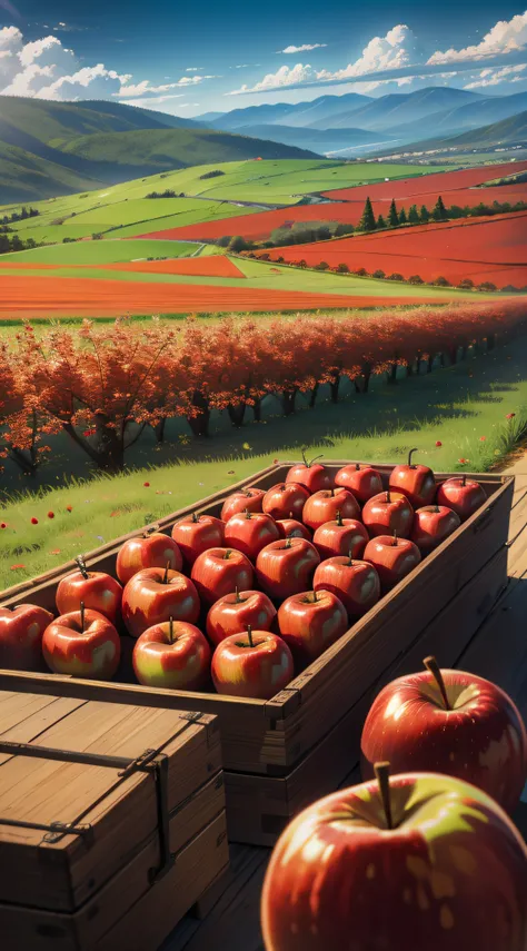 Apple orchards，Apple plantations，Crystal clear red apple，Beautiful view，Nowhere to be seen，Excellent view，photorealestic，Realiy