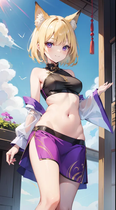 young girl, short blonde hair, Fox ears, violet eyes, long chinese skirt, Green Chinese tight top, open belly, smirk, Masterpiece, hiquality