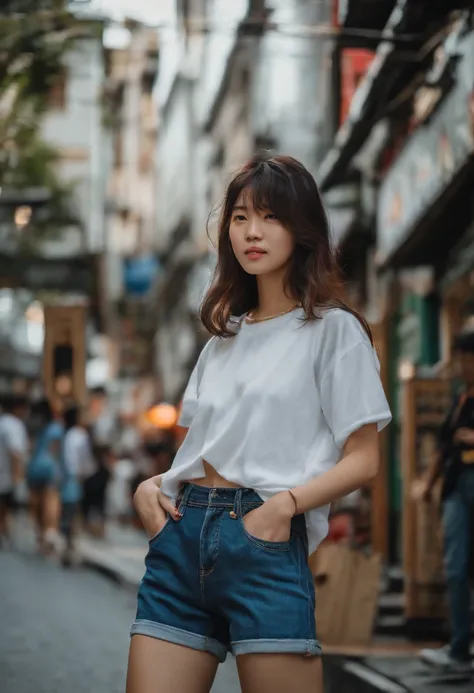 18-year-old Japanese woman，whitet-shirt，Denim super shorts，White sneakers，On the lively streets，