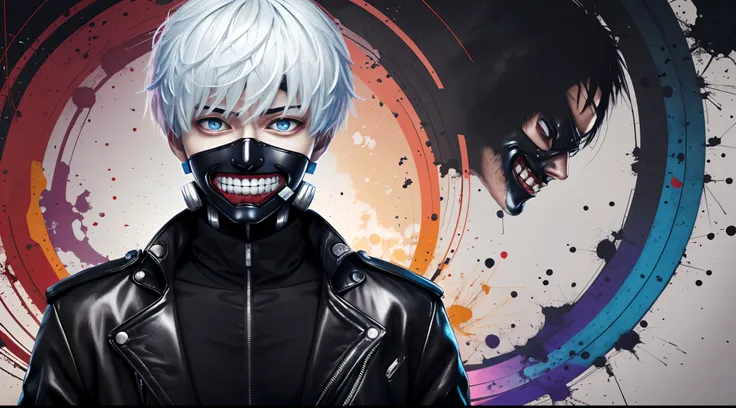 "cool 20 year old kaneki ken is a true masterpiece with masculine beauty, perfect anatomy. olpntng style, colorful rainbow, wear...