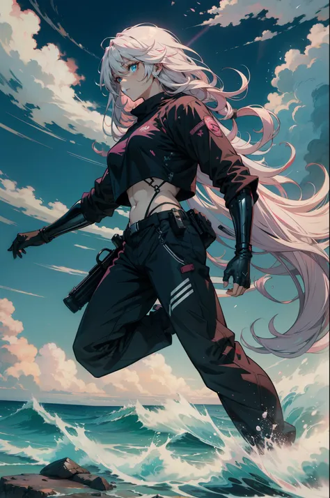 {{{{ masterpiece }}}},{{{{ 4K }}}},{{{{ badass anime 8 k }}}}, {{{{{{{{ long hair }}}}}}}}, {{{{{{{{ pink white half hair }}}}}}}}, (extremely detailed CG, ultra-detailed, best shadow), (scenery: 1.2), Black Oversized TShirt,long pants,tidal wave