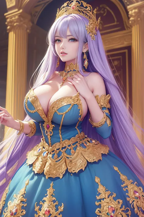 ((anime artstyle)),(Masterpiece),(Best Quality),(Super Detail),(Very Delicate and Beautiful),Solo,((full body,standing pose)),standing in the royal palace,((1 queen in jeweled gorgeous rococo ballgown with voluminous full length hoop skirt)),(crinoline),go...